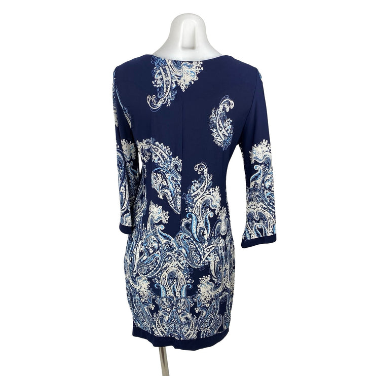 Roz & Ali Petite Women's Blue White Paisley 3/4 Bell Sleeves Midi Shift Dress 6
