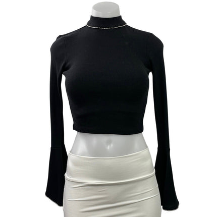 Topshop Women's Black Ribbed Knit Mock Neck Long Bell Sleeve Crop Top Size S