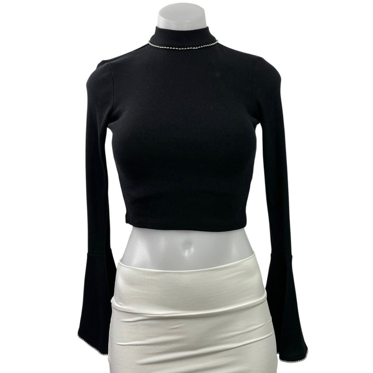 Topshop Women's Black Ribbed Knit Mock Neck Long Bell Sleeve Crop Top Size S