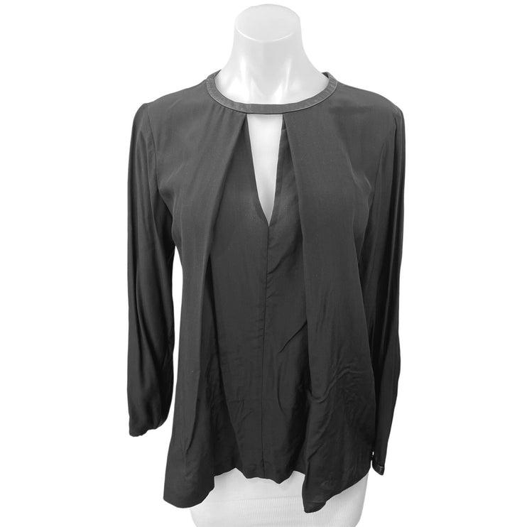 Club Monaco Black 100% Silk 100% Leather V Neck Long Sleeve Blouse Top Size M