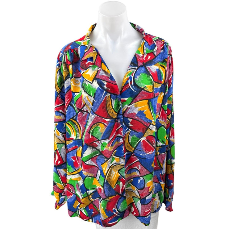 Worthington Women's Multicolor Abstract Long Sleeve Button Down Shirt Top Sz 14