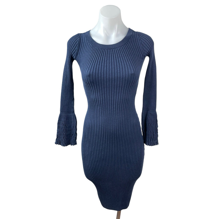 Bar III Women's Blue Ribbed Knit Long Bell Sleeve Midi Sweater Bodycon Dress XS