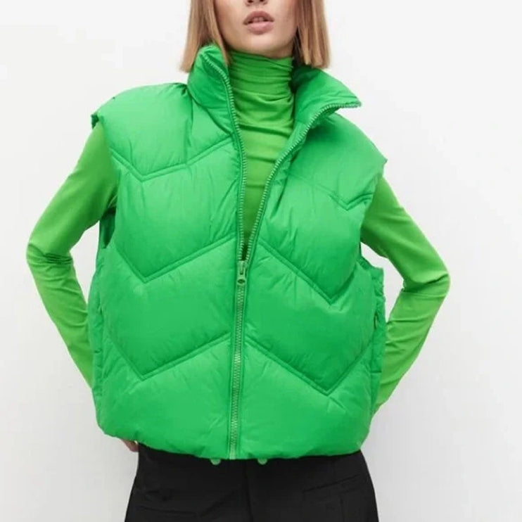 Zara Women's Green Sleeveless Quilted Puffer Zip Up High Neck Vest Jacket Size S