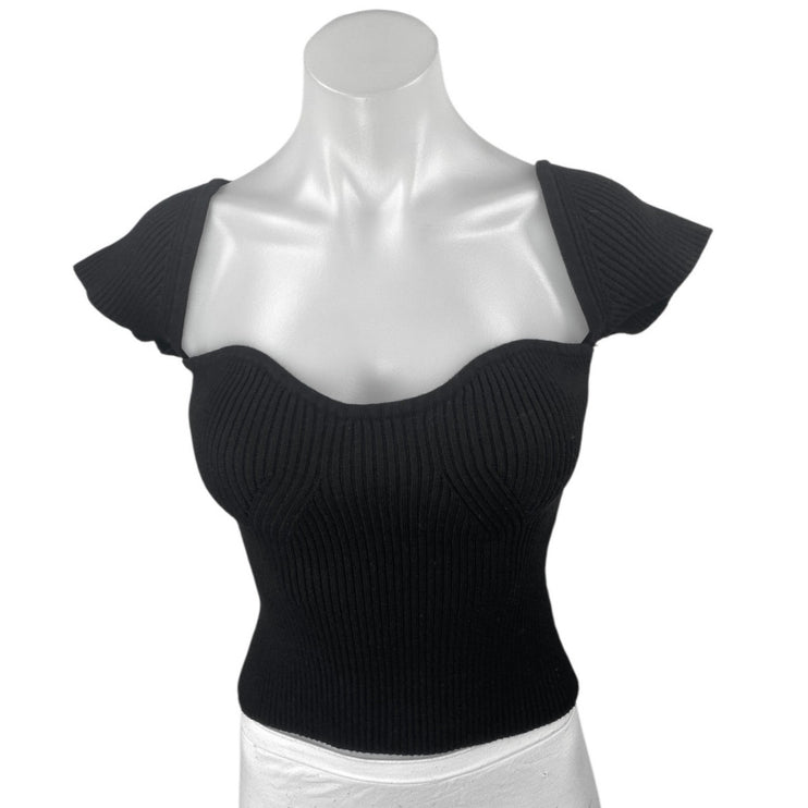 Peppermayo Black Rib Knit Short Flutter Sleeve Slim Fit Crop Sweater Top Sz S/M