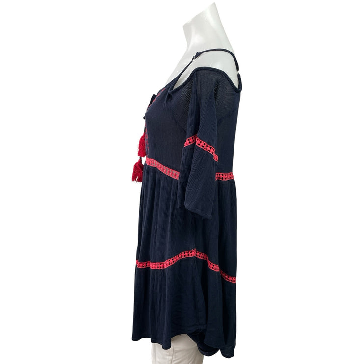 Entro Navy Blue Red Tassel Cold Shoulder Lace Boho A Line Mini Dress Size M