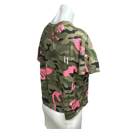 Zara Green Pink Cotton Camouflage Army Flamingo Short Sleeve T-Shirt Top Size S