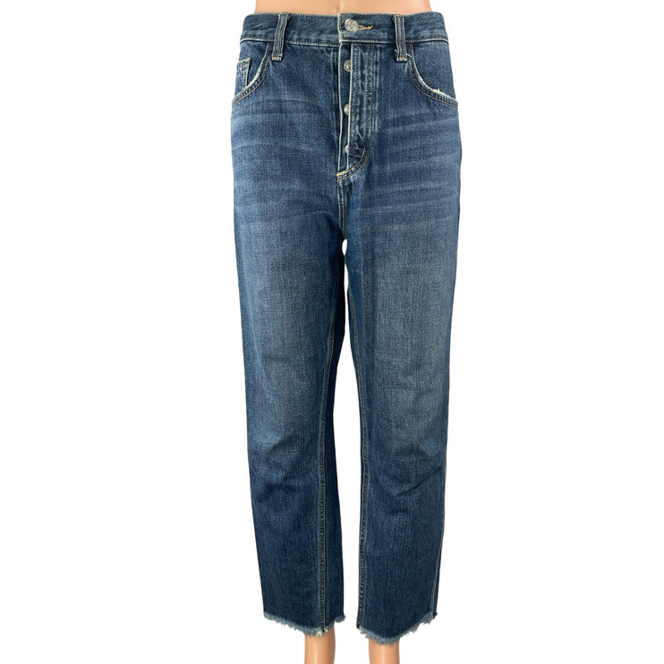 Current Elliott Blue High Rise Frayed Raw Hem Button Fly Straight Denim Jeans 30