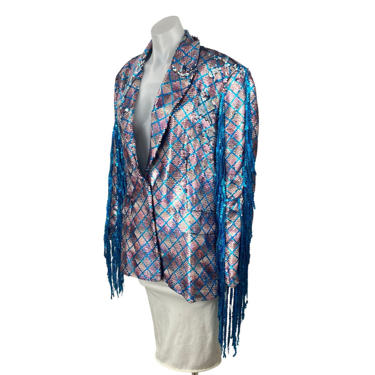 Nasty Gal Premium Mermaid Sequin Fringe Women's Long Sleeve Blazer Coat Jacket 6