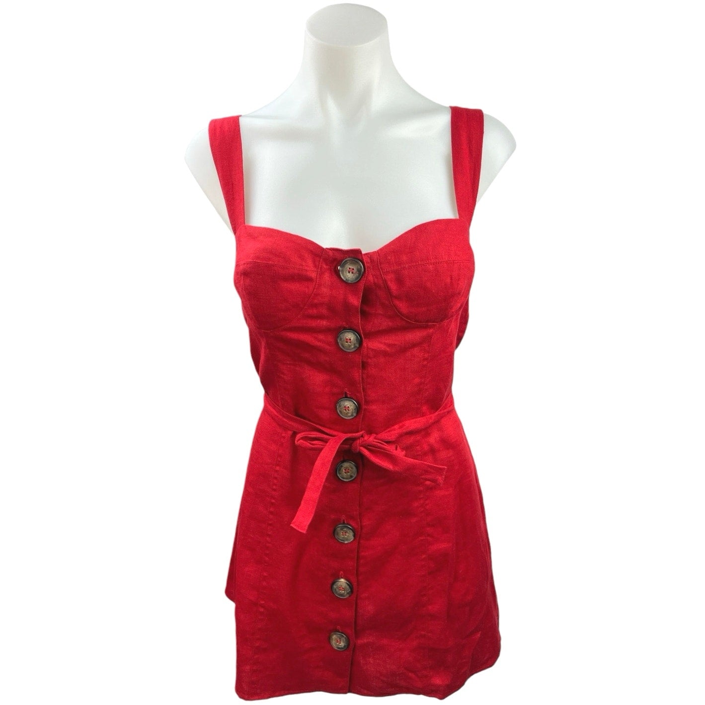 Reformation Red 100% Linen Sweetheart Finn Button Up Tie Waist Mini Dress Size 2 Reformation Red 100% Linen Sweetheart Finn Button Up Tie Waist Mini Dress Size 2