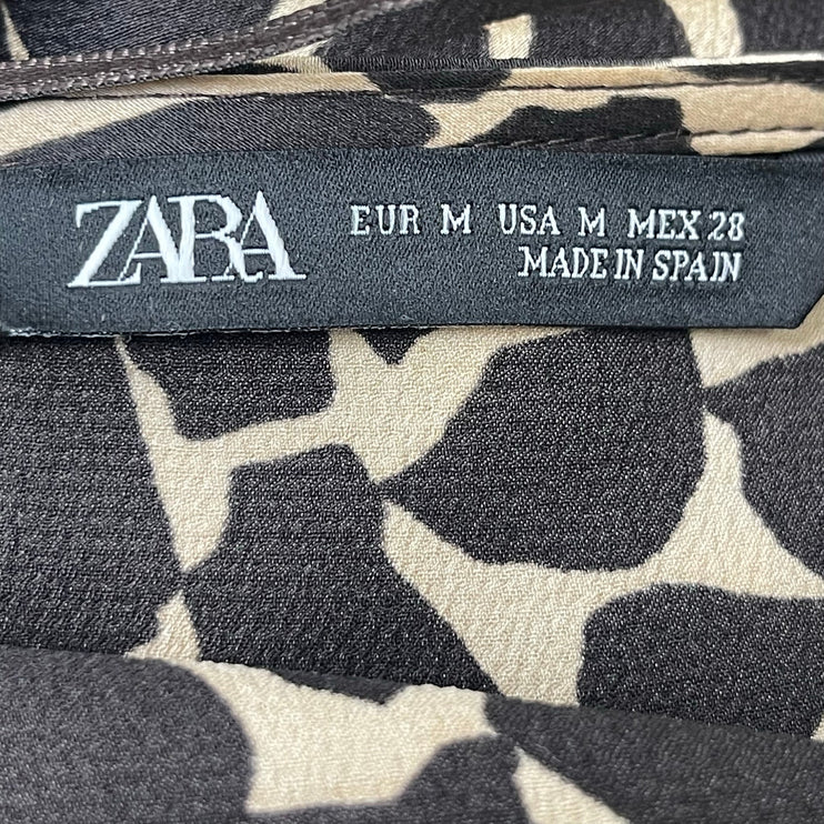 ZARA Black Animal Print Long Sleeve Mini Button Up Flare A-Line Shirt Dress Sz M