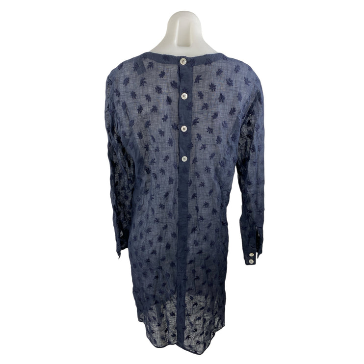 Mansur Gavriel Navy Blue Linen Floral Embroidered Long Sleeve Mini Shift Dress 8