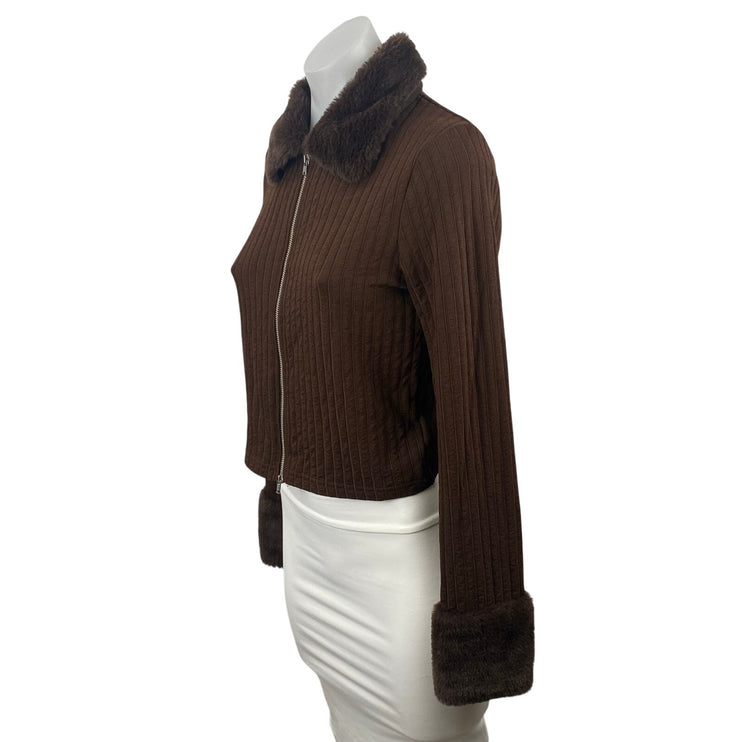 H&M Women's Brown Ribbed Knit Faux Fur Full Zip Cardigan Sweater Top Size M