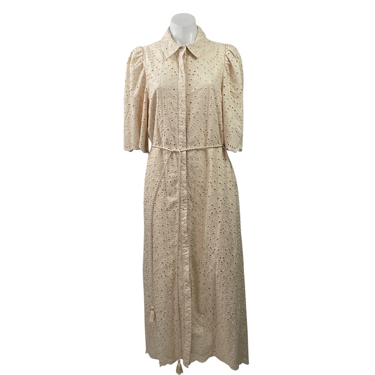 H&M Cream Eyelet Short Puff Sleeve Collared Button Dowm Maxi Shirt Dress Size M