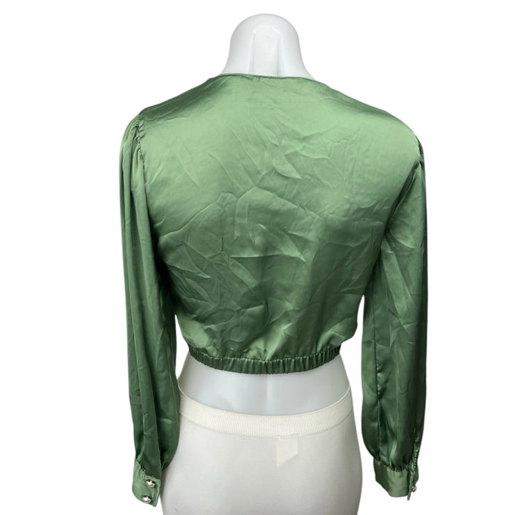 Zara Green Silk Satin V-neck Long Balloon Sleeve Crop Shirt Blouse Top Size XS