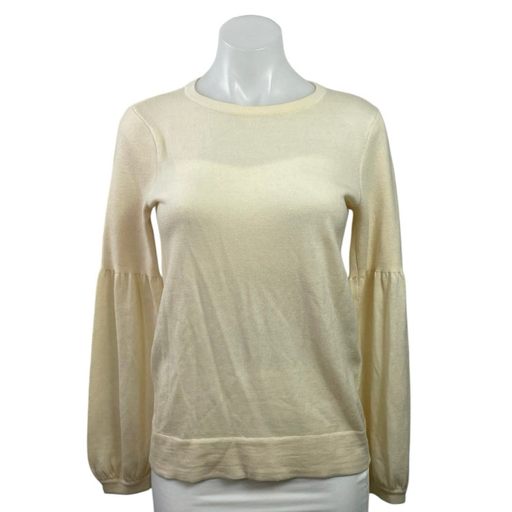Club Monaco Cream 100% Wool Knit Long Balloon Sleeve Crew Neck Sweater Top Sz S