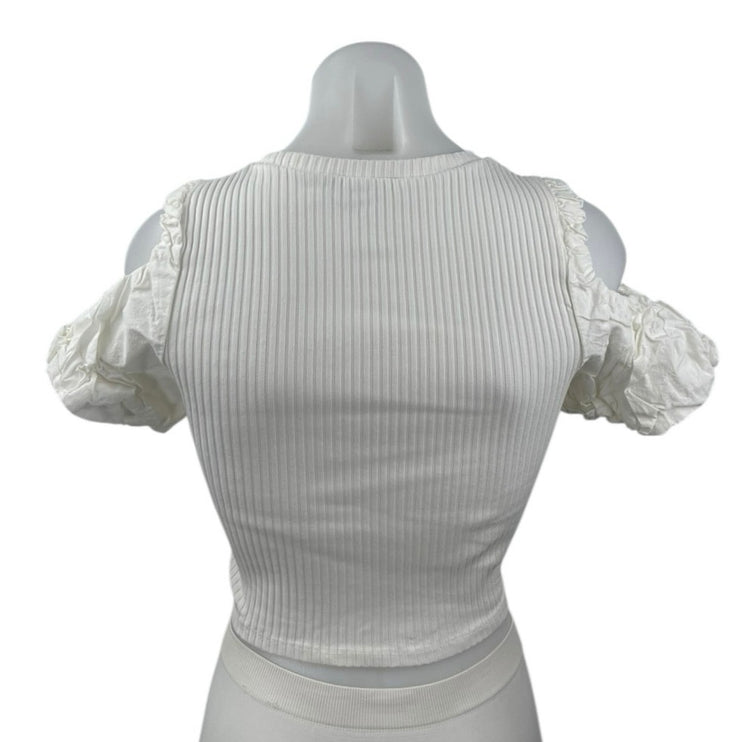 Zara Women's White Cold Shoulder Short Sleeve Rib Knit Blouse Crop Top Size S