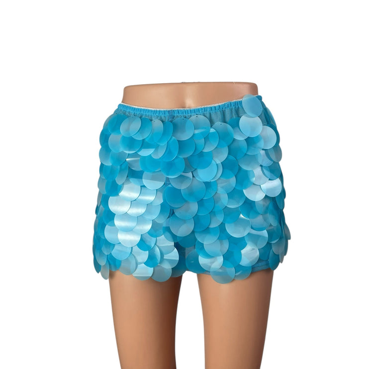 Women's Blue Sequin Shell Mermaid Sparkly High Rise Mini Casual Skirt Size L