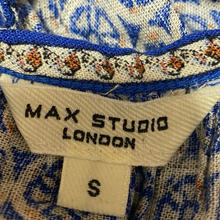 Max Studio Blue Geometric Print Sleeveless Tie V-neck Tiered Midi A-Line Dress S