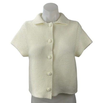 Zara Cream White Rib Knit Collar Short Sleeve Button Up Polo Sweater Top Size M