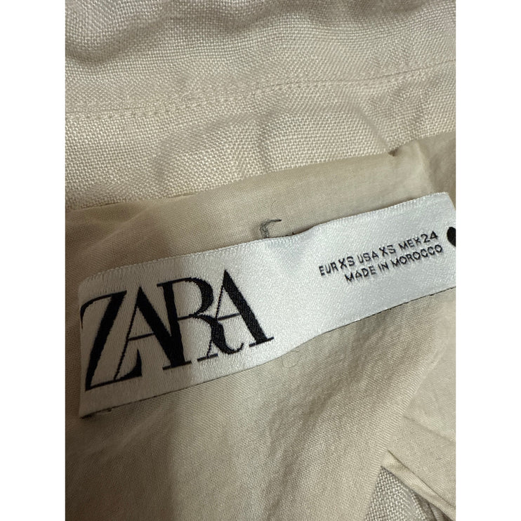 Zara Linen Beige Tan One Button Notch Collar Long Sleeve Blazer Coat Jacket XS