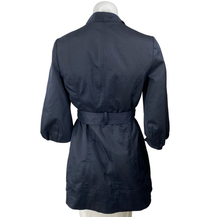 Anthropologie Idra Navy Blue Tie Double Breasted Ruffle Trench Coat Jacket Sz S