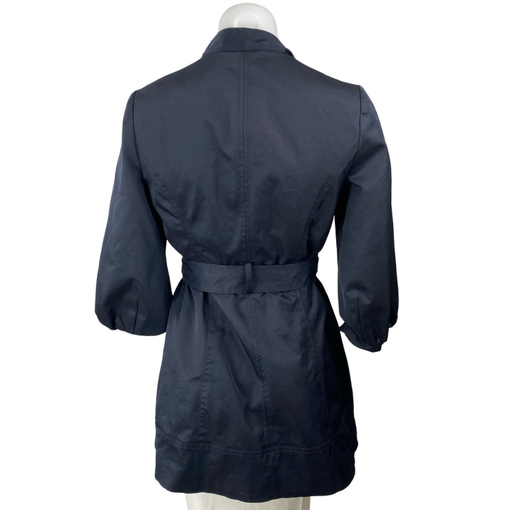Anthropologie Idra Navy Blue Tie Double Breasted Ruffle Trench Coat Jacket Sz S
