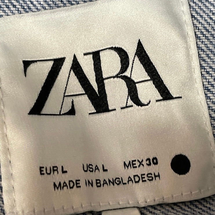 Zara Women's Blue Long Sleeve Tie Waist Button Up Denim Jean Shirt Dress Size L