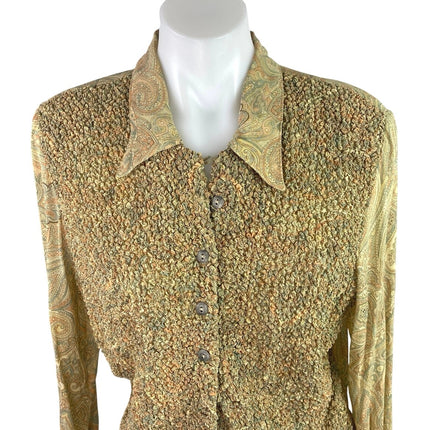 Francess Erita Gold Tan Textured Paisley Long Sleeve Button Up Shirt Top Size 12