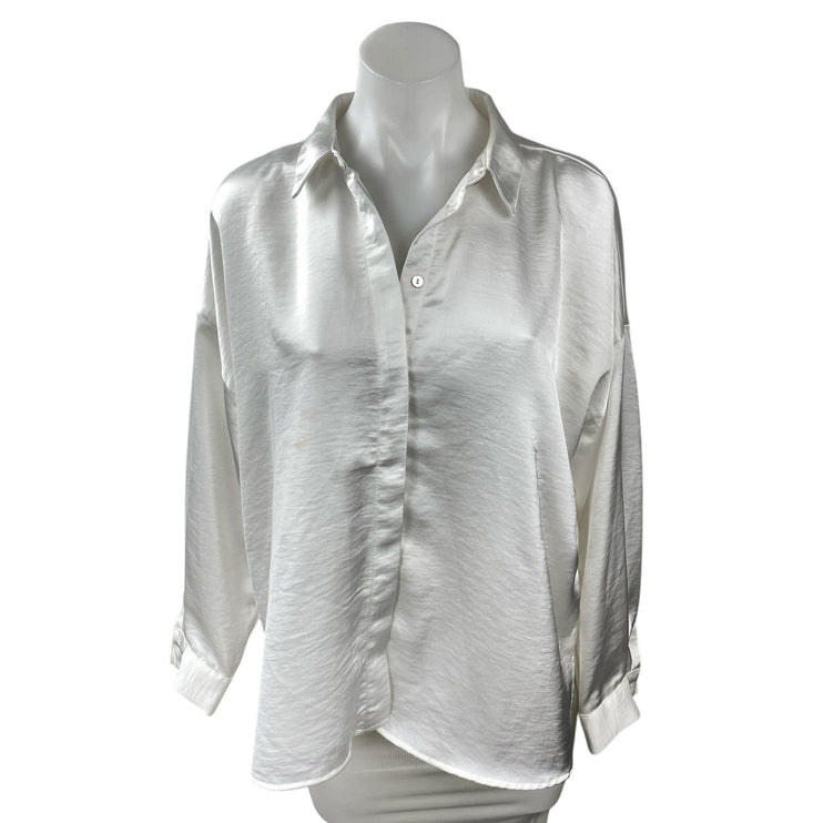 Zara Women's White Silky Satin Collared Long Sleeve Button Down Shirt Top Size M