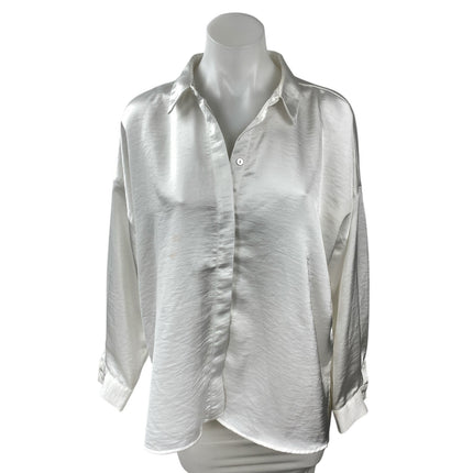 Zara Women's White Silky Satin Collared Long Sleeve Button Down Shirt Top Size M