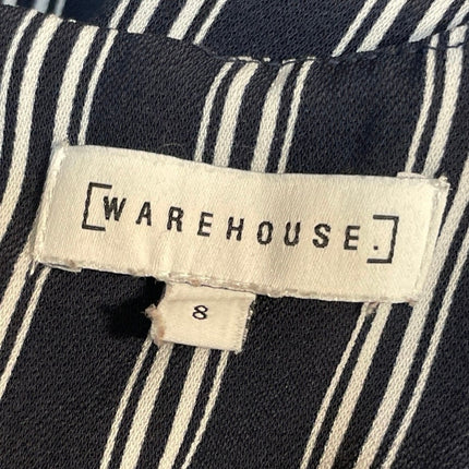 Warehouse Women's Black White Stripe Short Sleeve Belted Midi Sheath Dress Sz 8