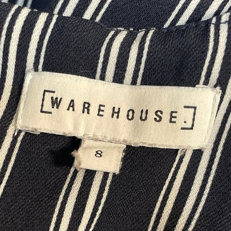Warehouse Women's Black White Stripe Short Sleeve Belted Midi Sheath Dress Sz 8
