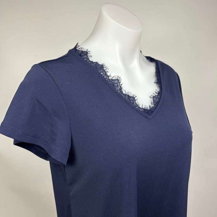 Banana Republic Navy Blue V Neck Short Sleeve Lace Trim T-Shirt Top Size XS