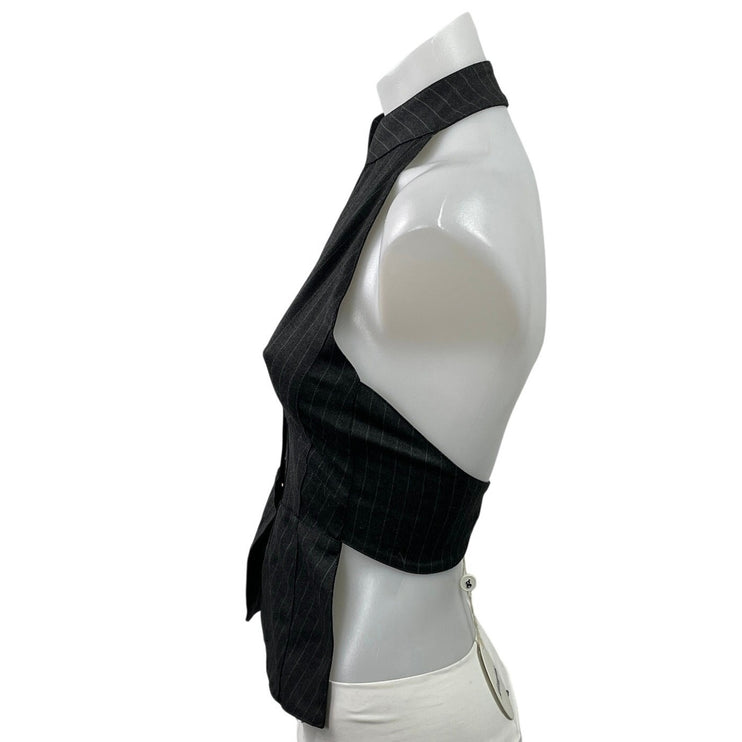 NEW Gimaguas Women Dark Gray Halter Striped Open Back Vest Crop Ring Top Size XS