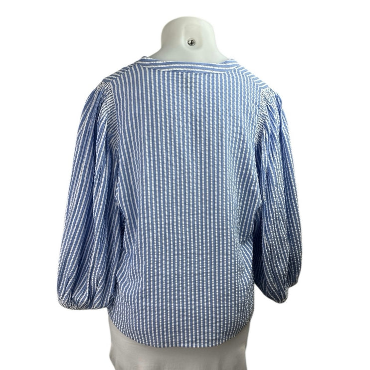 Lindex Blue White Striped Long Balloon Sleeve Button Up Shirt Blouse Top Size XL