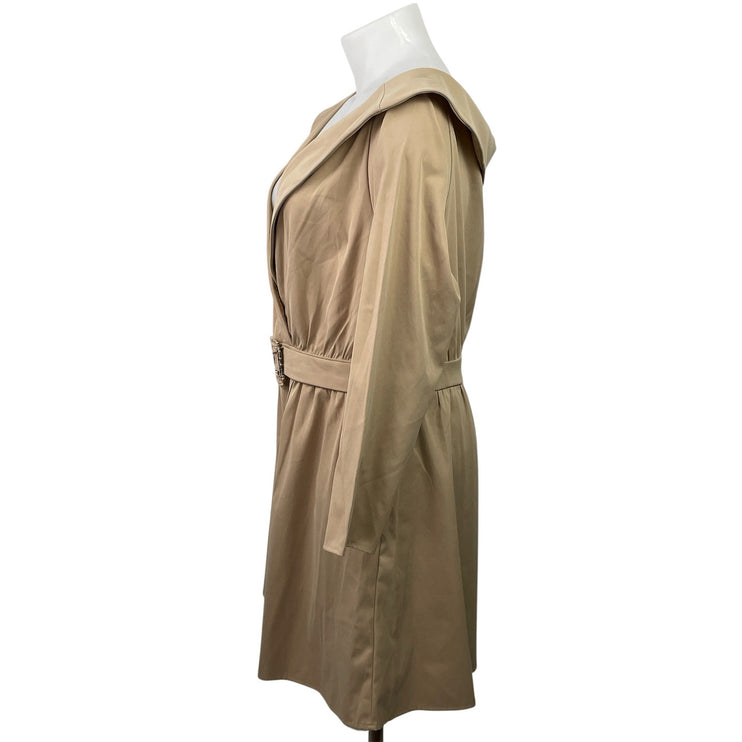 PrettyLittleThing Tan Camel Bardot Belt V Neck Long Sleeve Mini Shift Dress 16