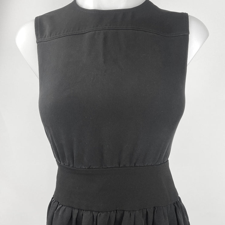 Theory Black 100% Silk Crew-Neck Sleeveless Shirred A-Line Mini Shift Dress Sz 2