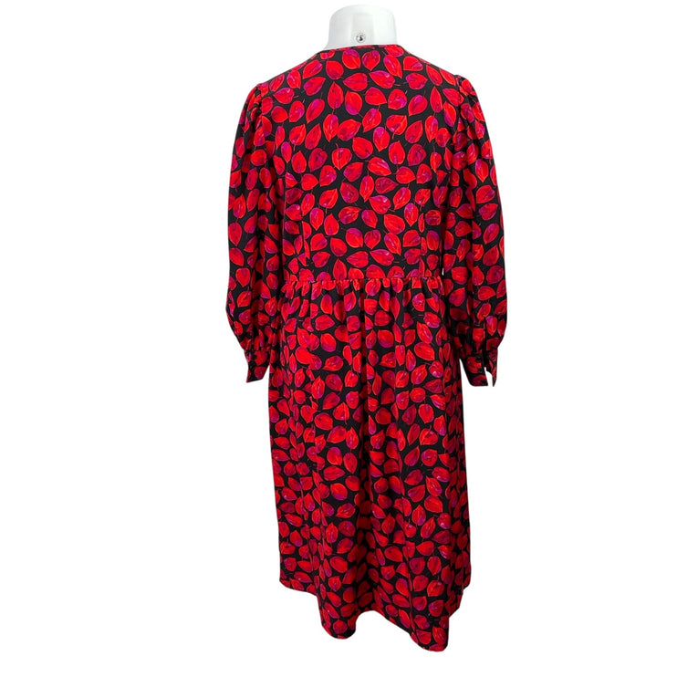 Who What Wear Red Petal Leaf Long Sleeve Button Front Midi Shirt Dress Size XL
