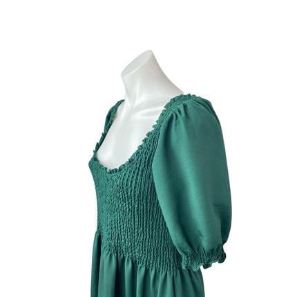 Hill House Home The Louisa Crepe Green Half Sleeve Smocked A Line Midi Dress M