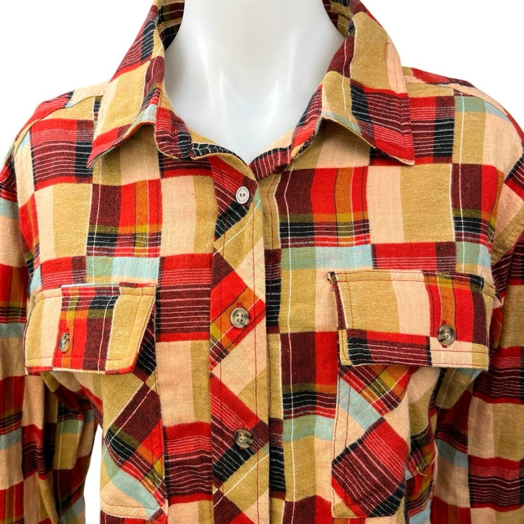 NEW Gilded Intent Multicolor Check Plaid Flannel Button Crop Shirt Blouse Top XS