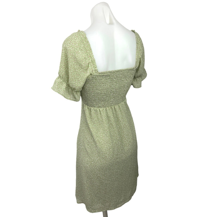 Bohme Green Floral Cinched Tie Puff Sleeve Smocked Mini A-Line Sun Dress Size XS