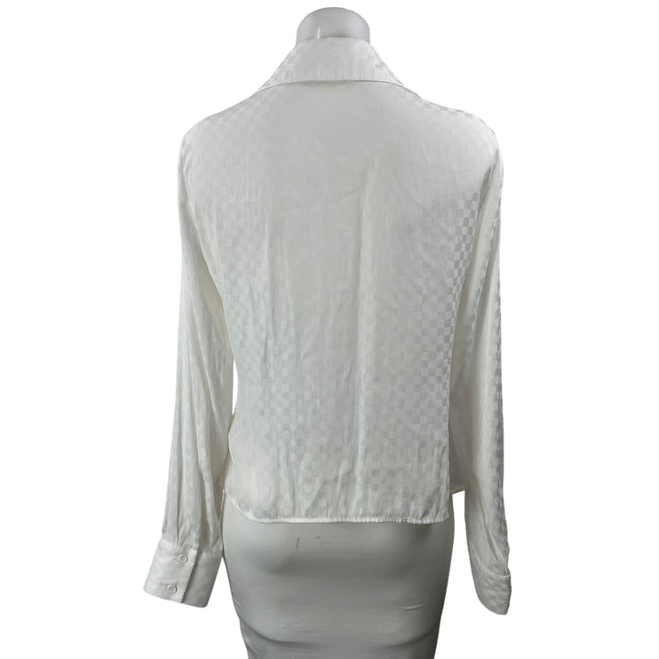 Fate Womens White Long Sleeves Ruched Checkered Collared Button Down Shirt Top L