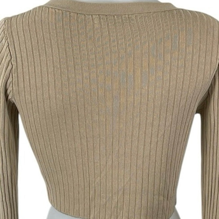Oak + Fort Tan Ribbed Knit V Neck Long Sleeve Crop Button Up Cardigan Sweater XS