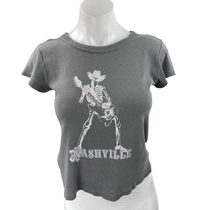 John Galt Nashville Skeleton Women's Gray Short Sleeve Graphic Tee T-shirt Top S