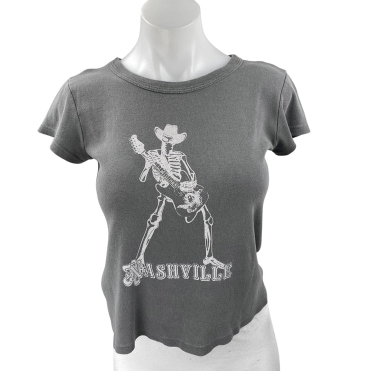 John Galt Nashville Skeleton Women's Gray Short Sleeve Graphic Tee T-shirt Top S