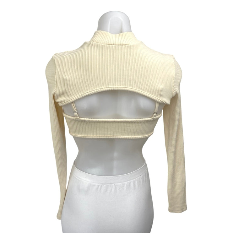 Beginning Boutique Cream Ribbed Knit Long Sleeve Cutout Sweater Crop Top Size 6