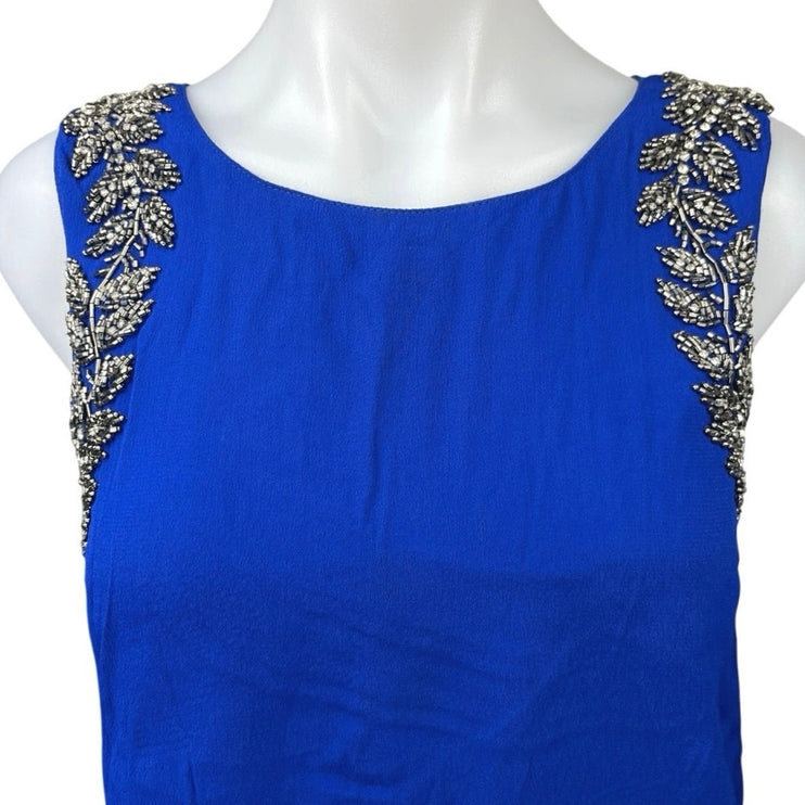 Topshop Blue Beaded Jeweled Embellished Sleeveless Cutout Back Blouse Tank Top 2