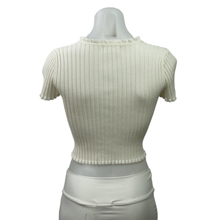 Isalis Women's Cream Short Sleeve Ribbed Knit Ruffle Cardigan Crop Top Size S