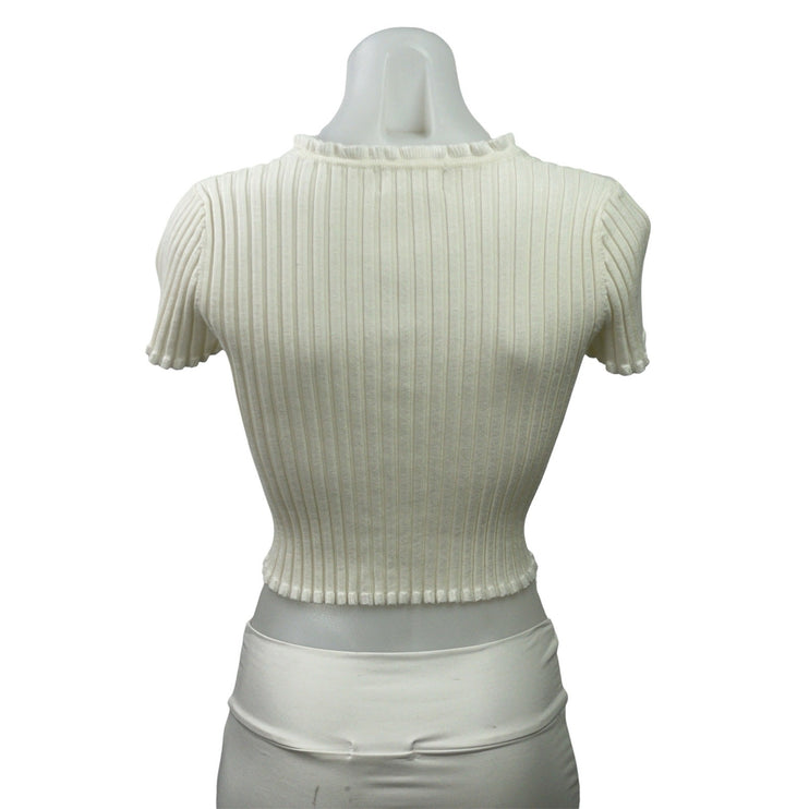 Isalis Women's Cream Short Sleeve Ribbed Knit Ruffle Cardigan Crop Top Size S