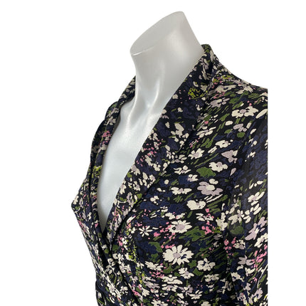 Ganni Georgette Multicolor Floral Long Sleeve Asymmetrical Hem Midi Wrap Dress M